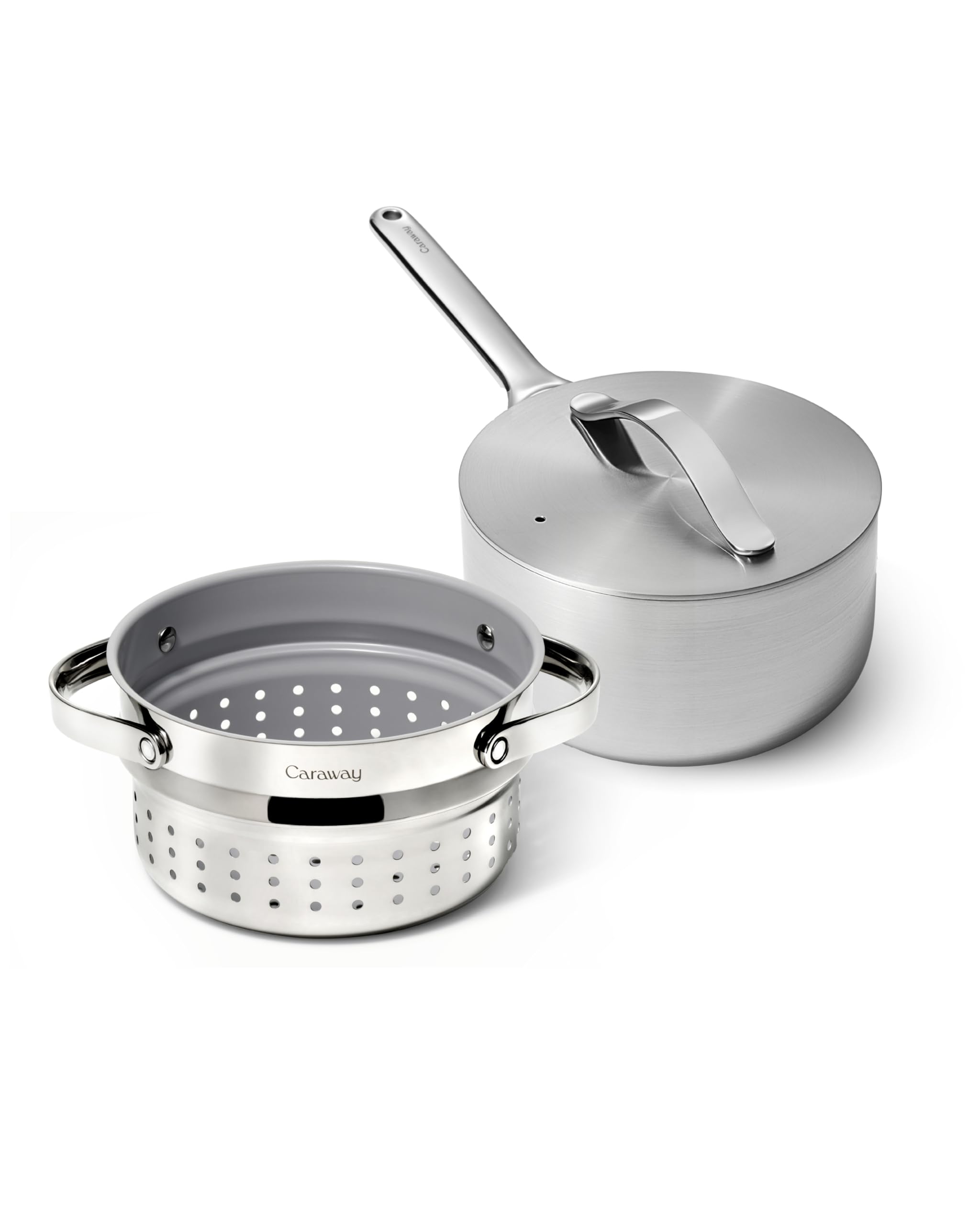 Caraway Stainless Steel Sauce Pan (3 Qt) with Steamer – 5-Ply