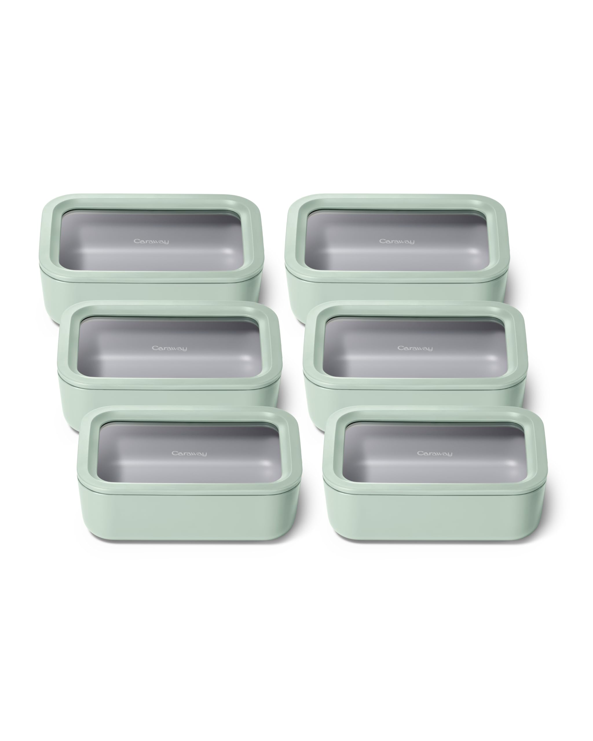 Caraway 6pc Glass Food Storage Set — 6.6 Cup Ceramic-Coated Containers with Lids, Mist