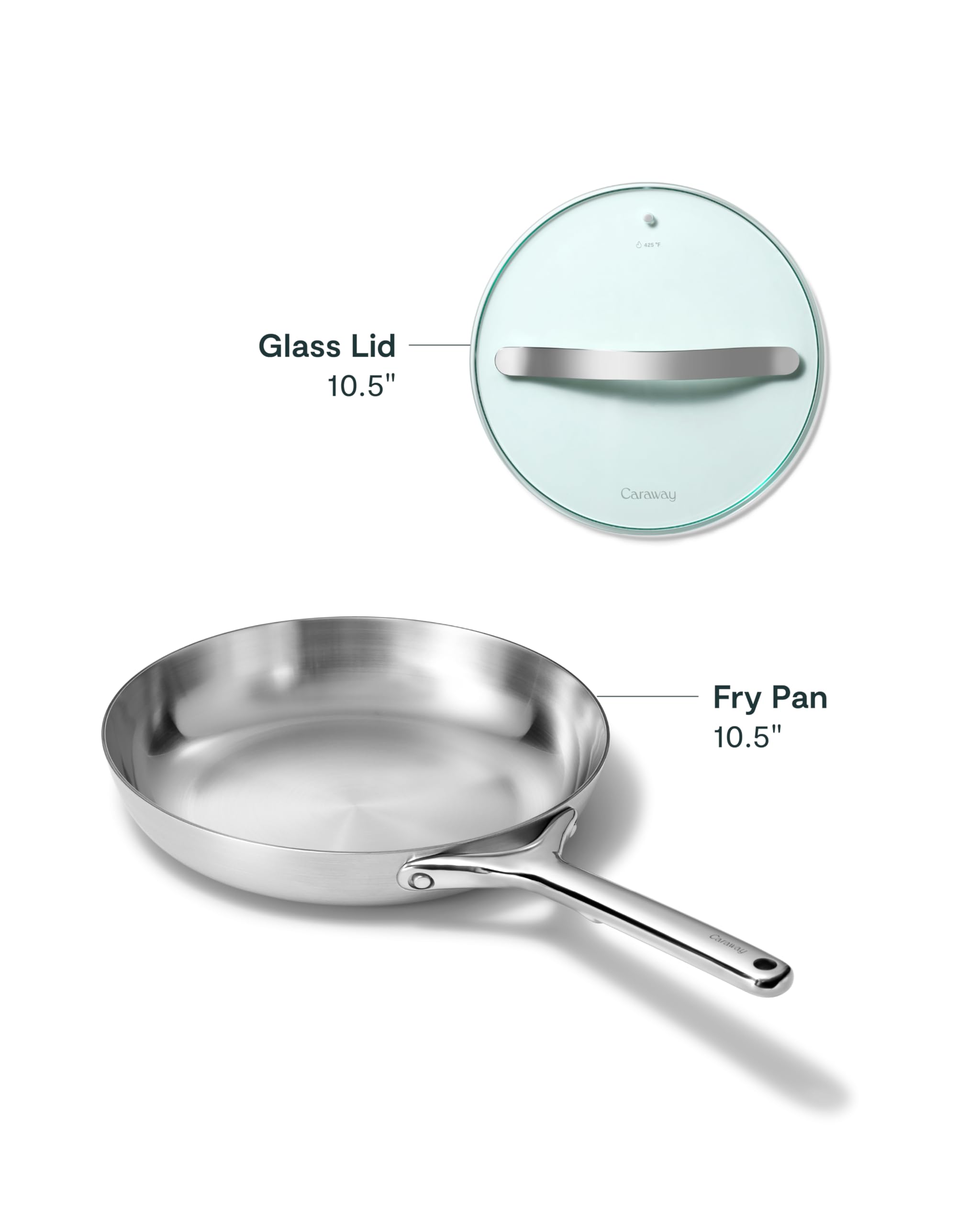 Caraway 10.5 Inch Stainless Steel Fry Pan with Glass Lid — 5-Ply Non-Toxic