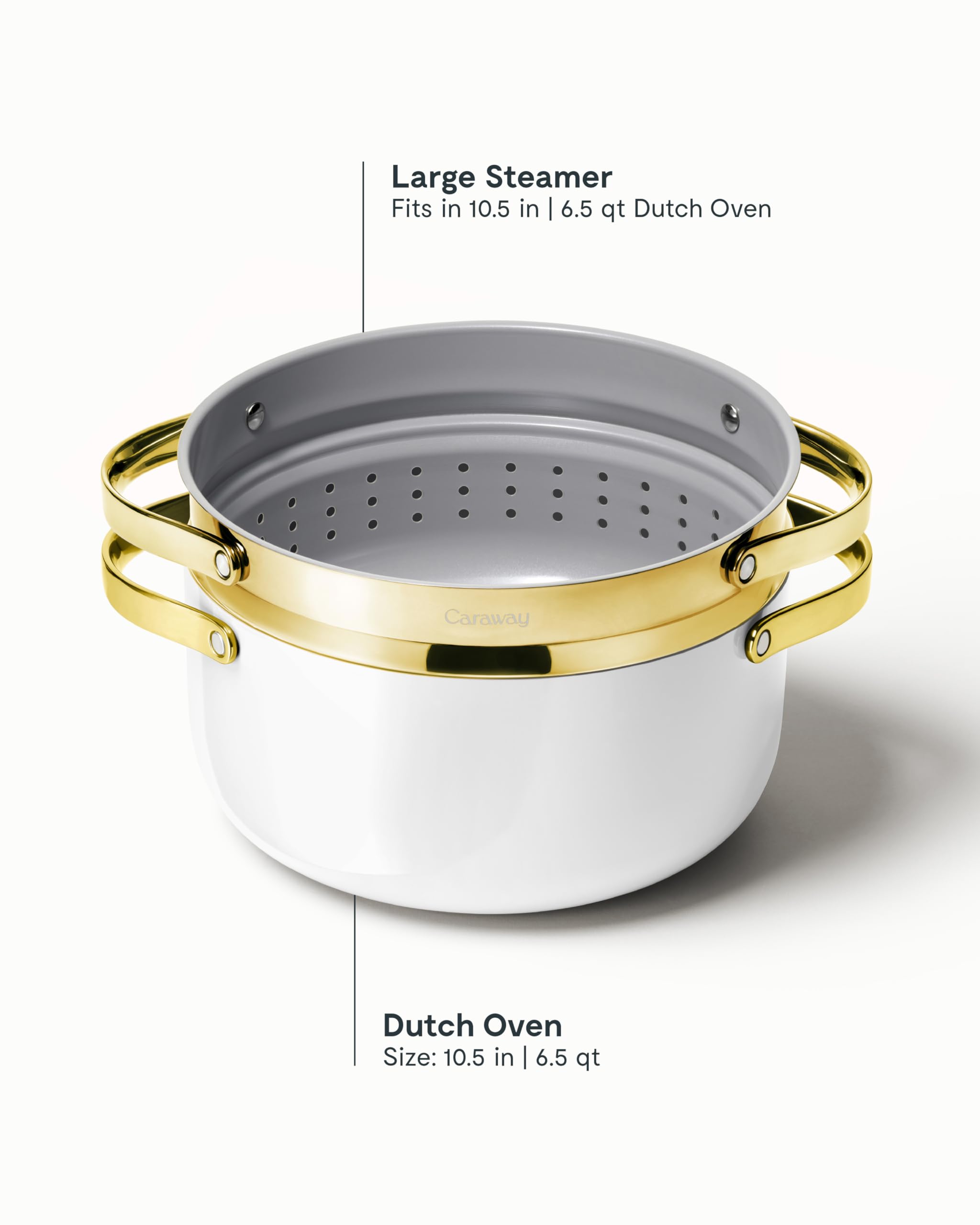 Caraway Nonstick Ceramic Dutch Oven Pot with Lid & Steamer — 6.5 qt, 10.5", White