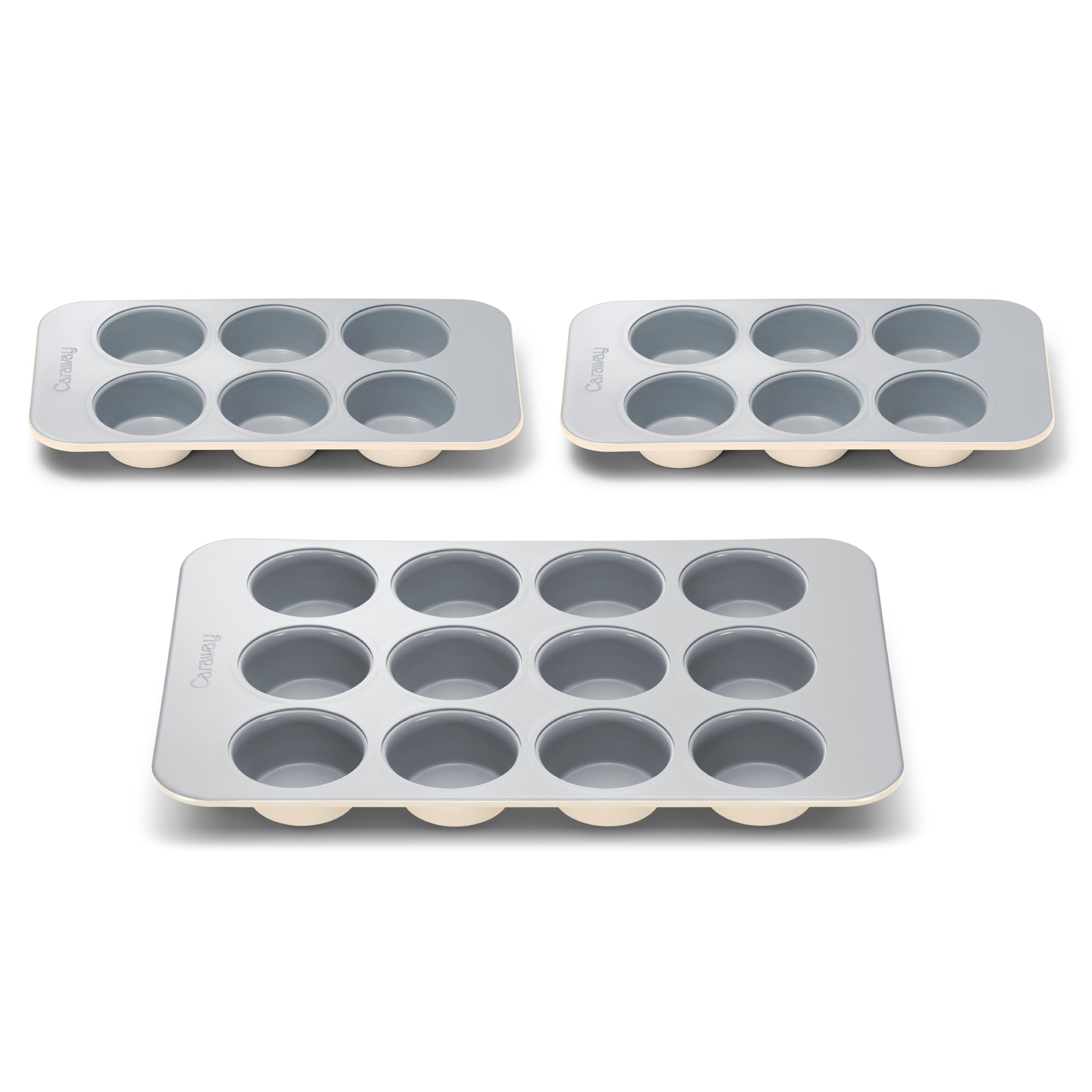 Caraway Nonstick Ceramic Muffin Pan Set – 3-Piece: Two 6-Cup Pans & One 12-Cup Pan – Non-Toxic, PFAS-Free, Aluminized Steel Core – Oven Safe to 550°F – Cream