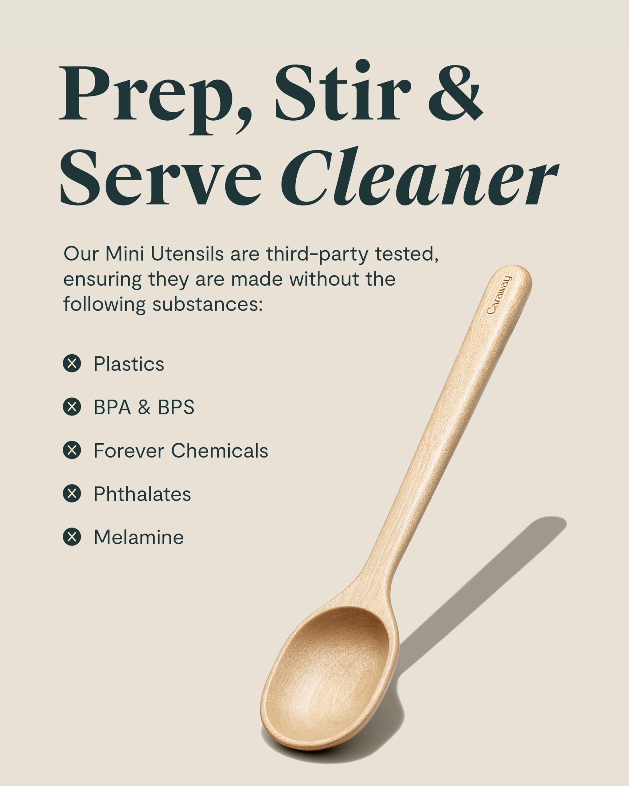 Caraway 4-Piece Mini Wooden Kitchen Utensils Set — Mini Spoon, Scraper, Spatula, and Tongs