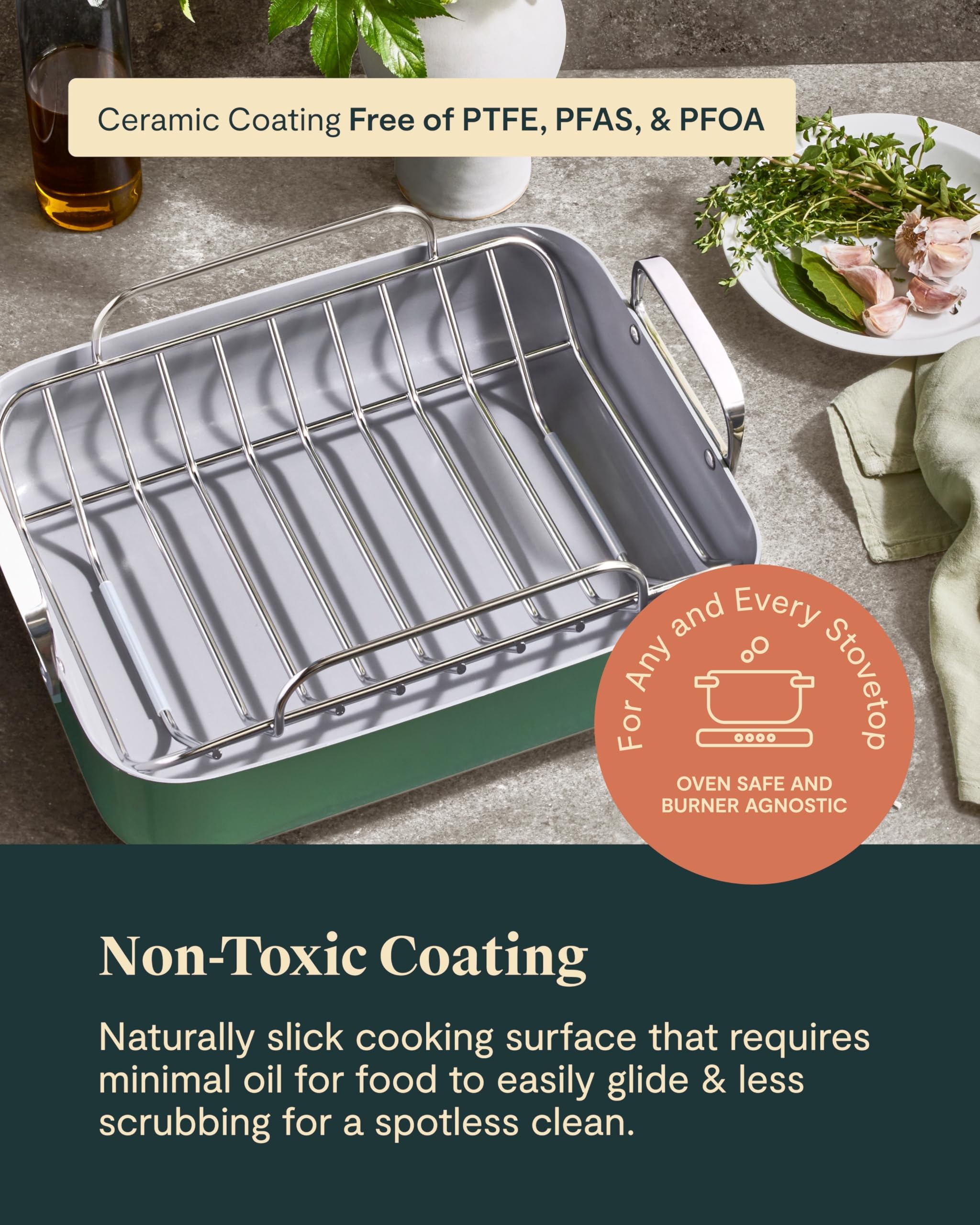Caraway Non-Stick Ceramic Coated Roasting Pan with Rack - 16x13 Inch, Cream
