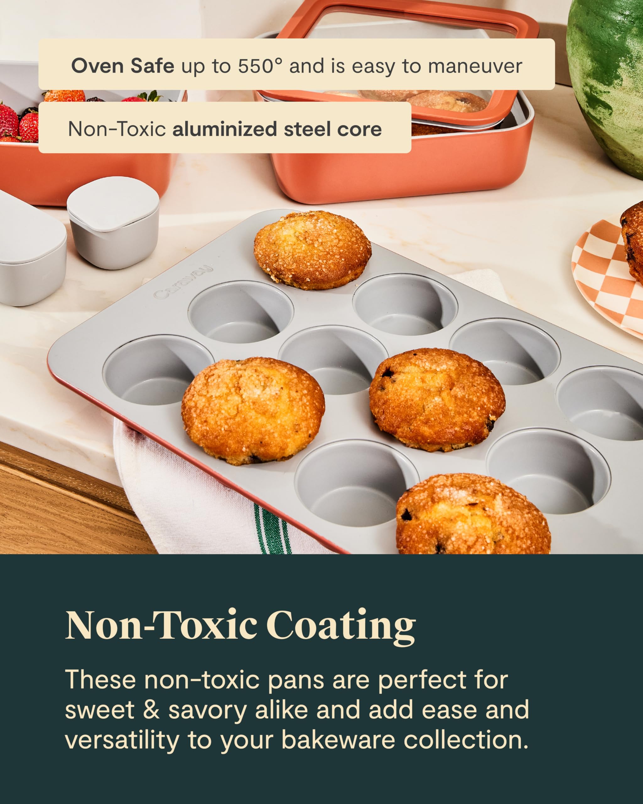 Caraway Nonstick Ceramic Muffin Pan Set – 3-Piece: Two 6-Cup Pans & One 12-Cup Pan – Non-Toxic, PFAS-Free, Aluminized Steel Core – Oven Safe to 550°F – Cream