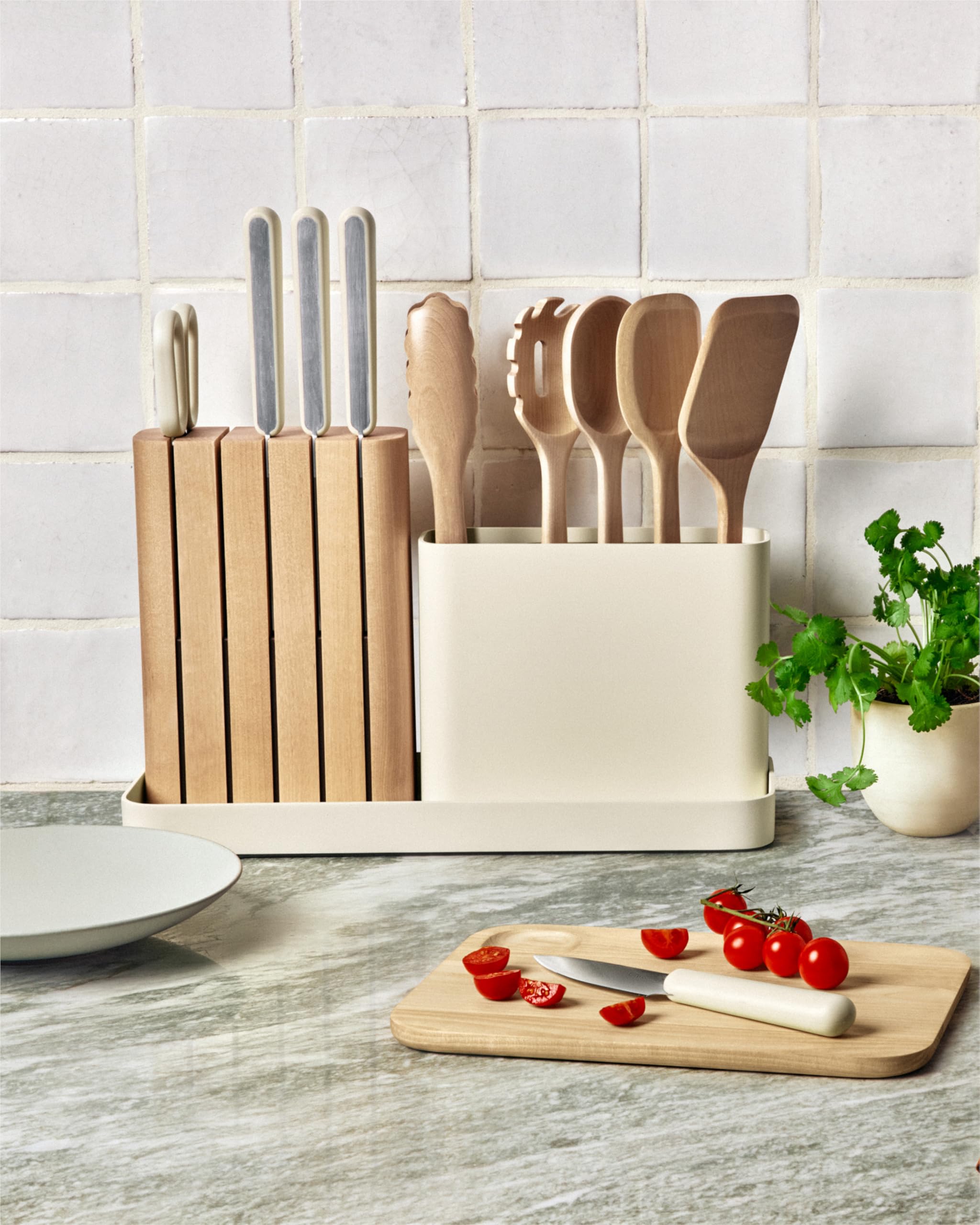 Caraway 14-Piece Kitchen Prep Set – German Steel Knives & Wooden Utensils with Organizer, Cream