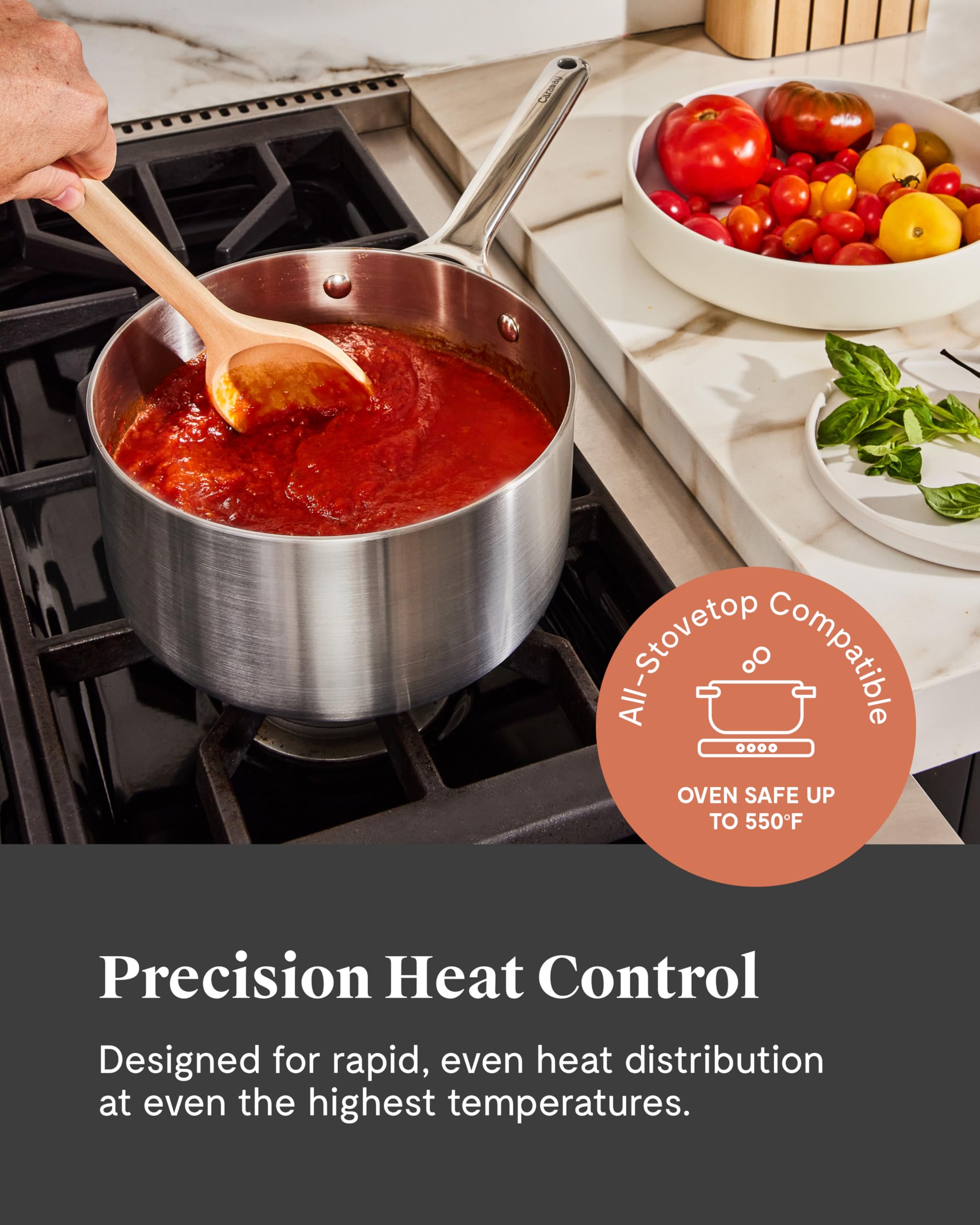 Caraway Stainless Steel Sauce Pan (3 Qt) — 5-Ply, Oven Safe, Non-Toxic, PTFE & PFOA Free