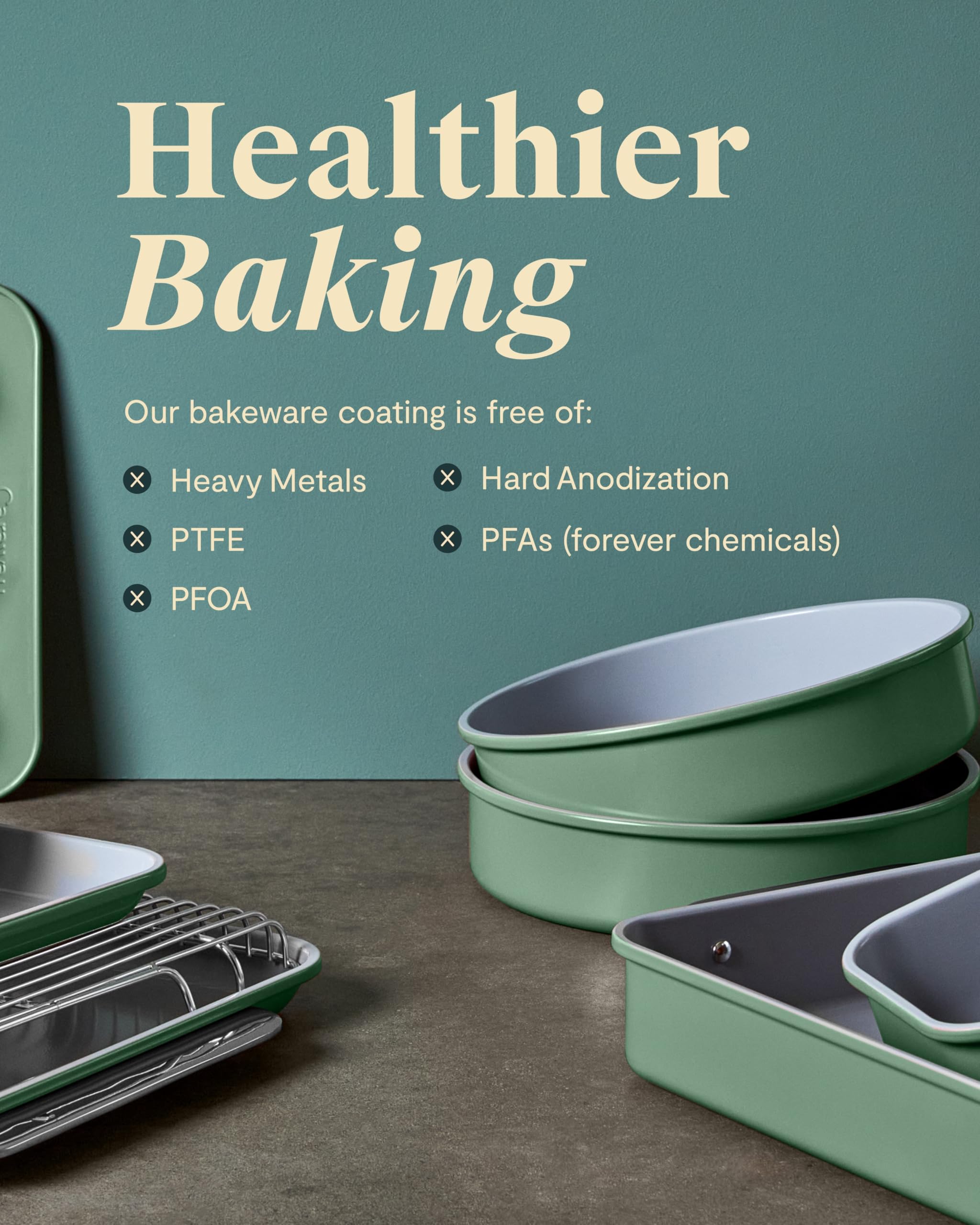 Caraway Nonstick Ceramic Bakeware Set (11-Piece) – Baking Sheets, Pans, Cooling Rack & Storage Organizers – Aluminized Steel, Non-Toxic, PTFE & PFOA Free – Sage