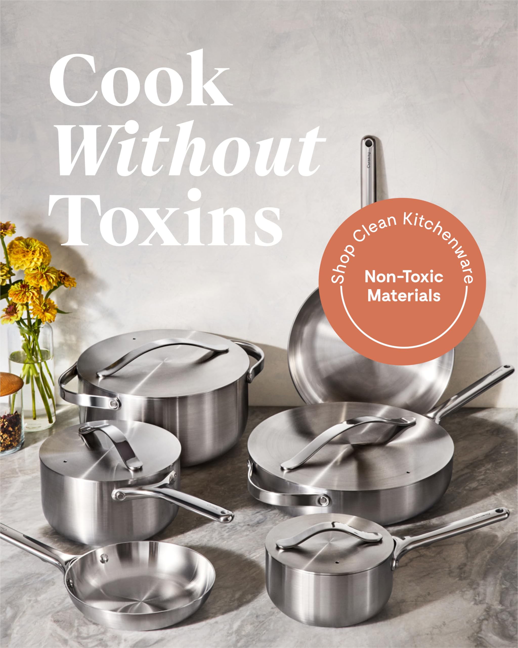 Caraway Stainless Steel Deluxe Cookware Set (16 Piece) — 5-Ply Stainless Steel Pots, Pans, Lids, and Kitchen Storage