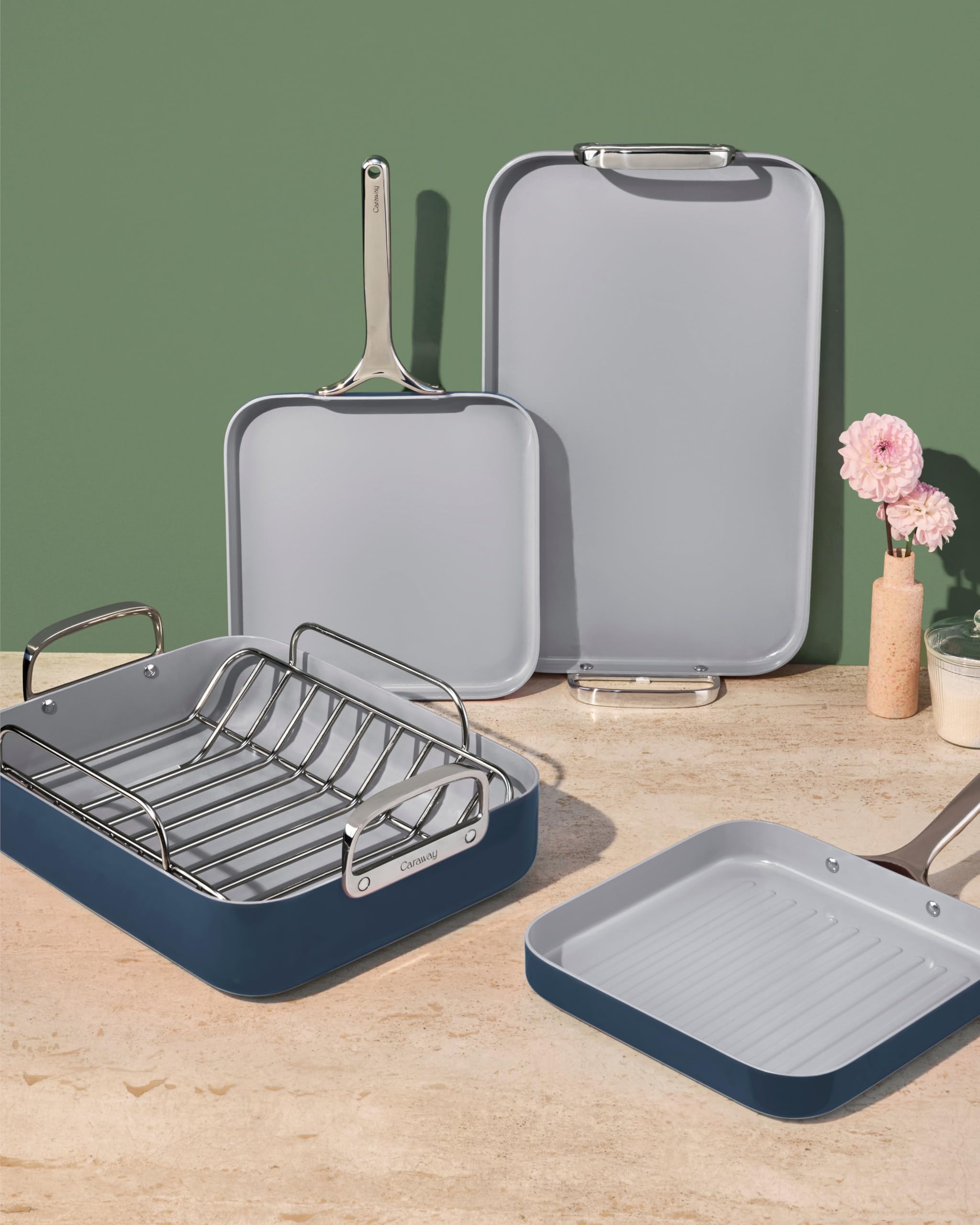 Caraway Square Cookware Set — Non-Toxic Ceramic Coated Square Pans with Magnetic Organizers