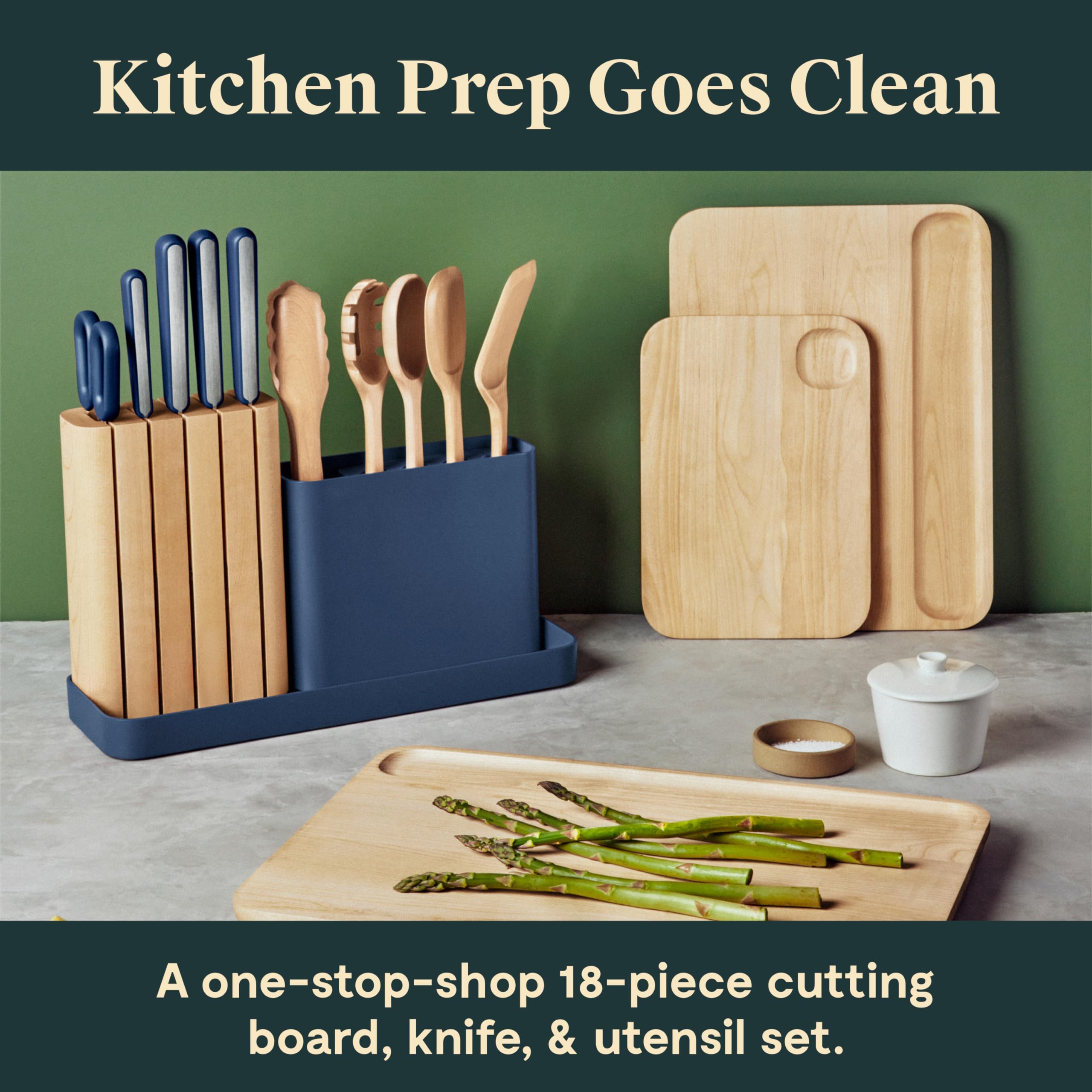 Caraway Kitchen Prep & Cutting Board Set – 4 German Steel Knives, Kitchen Shears, 5 Wooden Utensils, 3 FSC-Certified Birch Cutting Boards – Non-Toxic – Includes Storage Organizer – Cream
