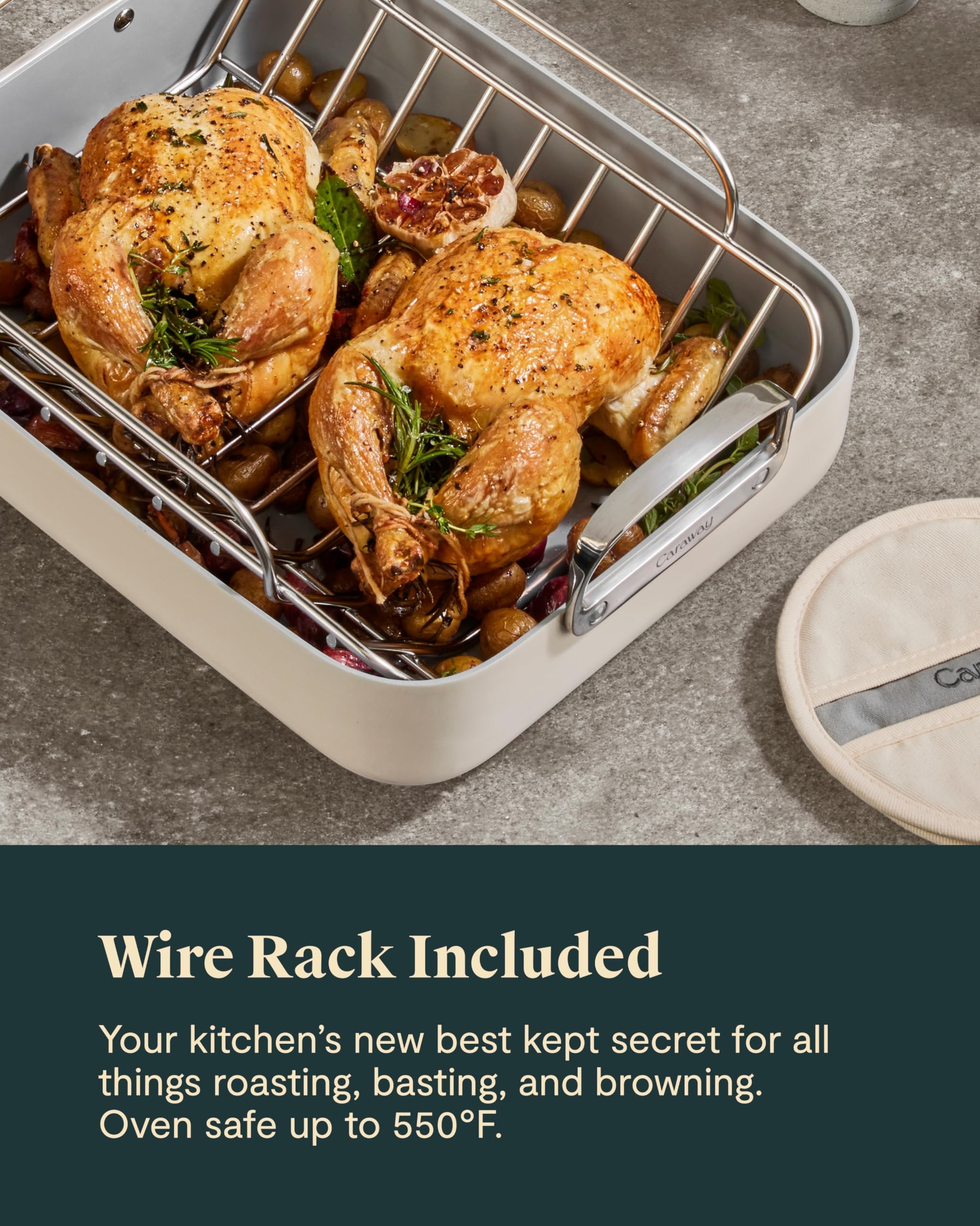 Caraway Non-Stick Ceramic Coated Roasting Pan with Rack - 16x13 Inch, Cream