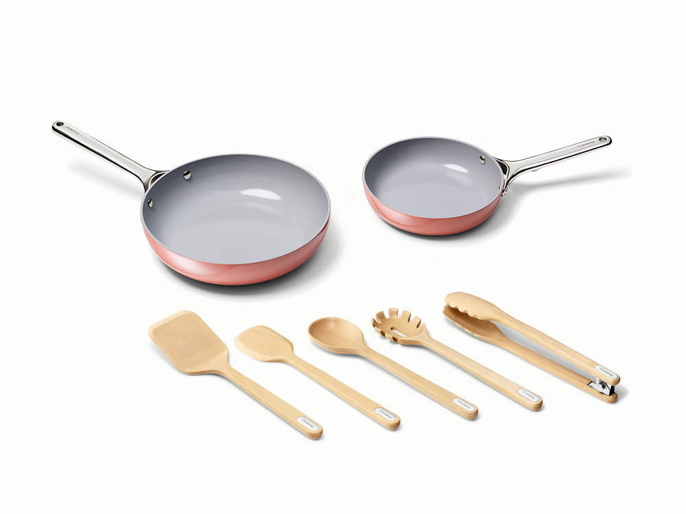 Caraway Sizzle & Serve Bundle — Ceramic Fry Pan, Mini Fry Pan & Wood Utensils