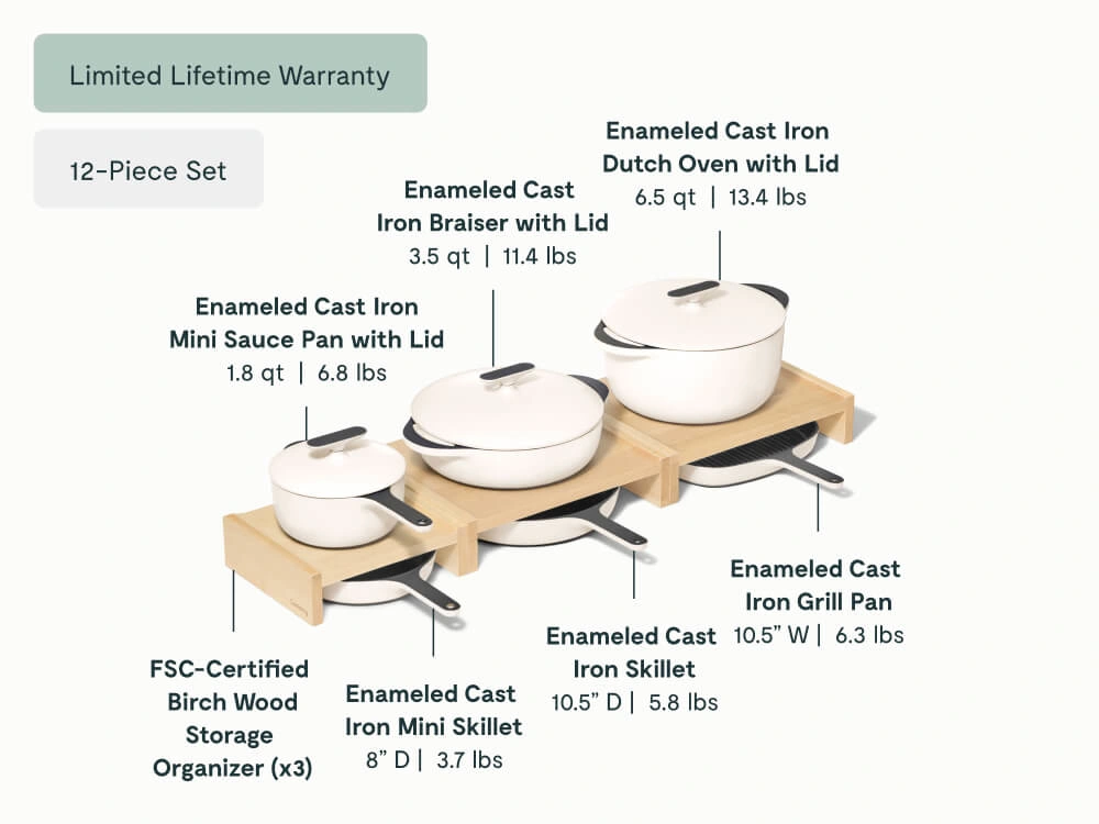 Caraway Enameled Cast Iron Set & Minis – 12-Piece Non-Toxic Cookware with Dutch Oven, Skillet, Braiser, Grill Pan & 2 Mini Pans – All Stovetops, Lifetime Warranty