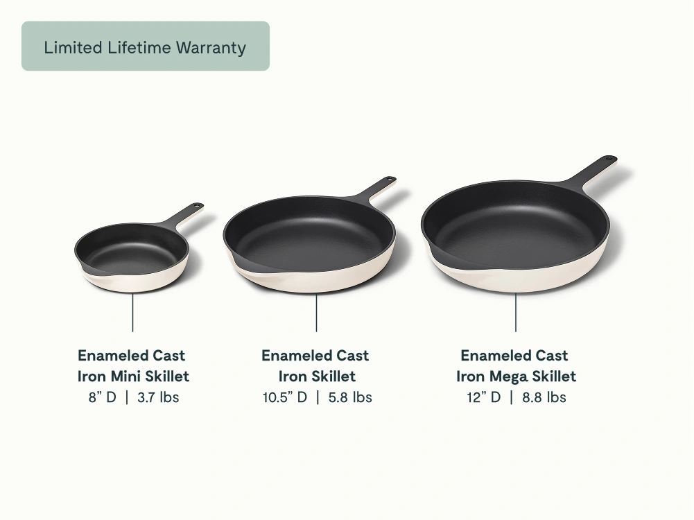 Caraway Enameled Cast Iron Skillet Trio — 8", 10.5", and 12" Fry Pans