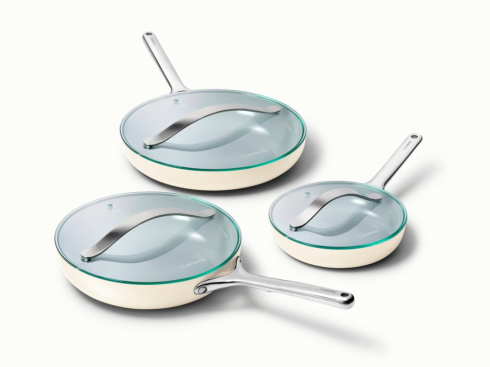 Caraway Fry Pan Trio with Glass Lids — 8", 10.5", & 12" Ceramic Non-Stick Frying Pans