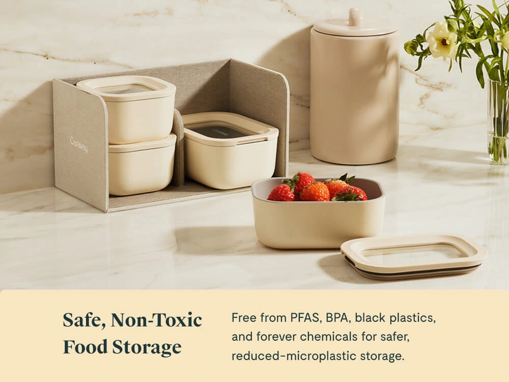 Caraway Mini Food Storage Set – Non-Toxic Glass Containers with Ceramic-Coated Lids, Dishwasher Safe, Oven Safe to 450°F – Includes Storage Organizer