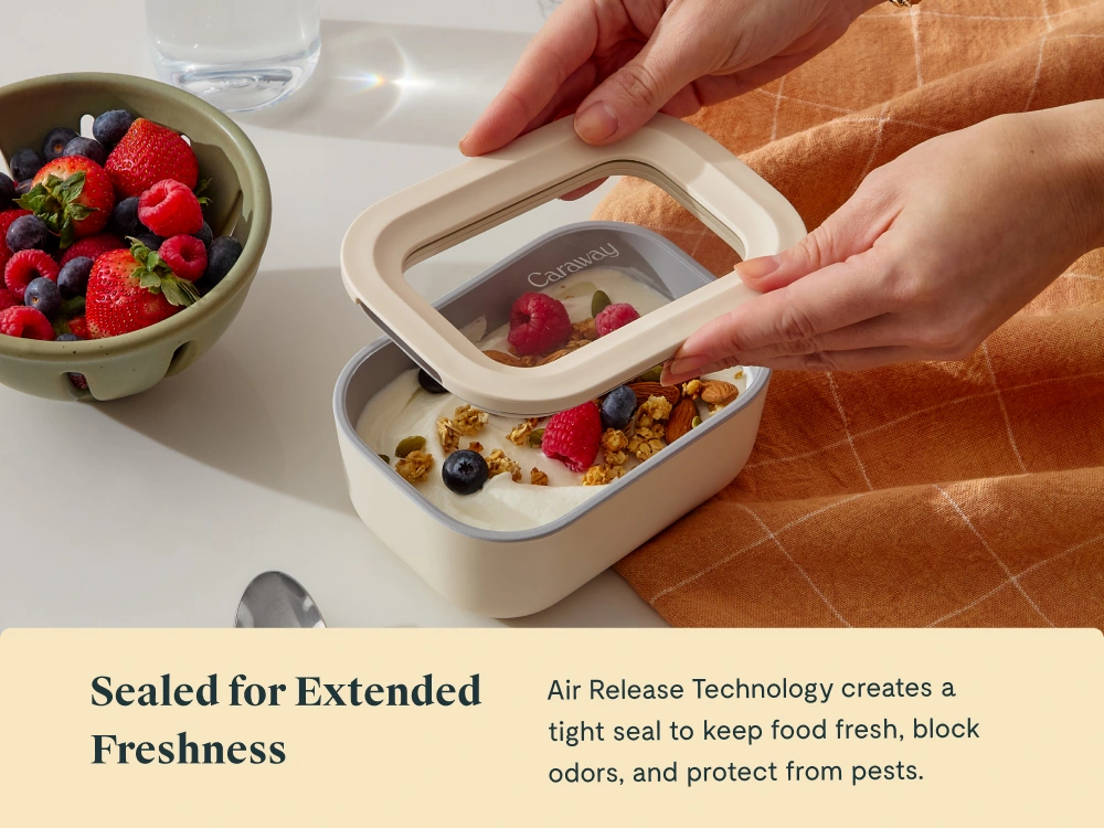 Caraway Mini Rectangle Container — 2.6 Cup Capacity, Ceramic-Coated Glass, Air Release Technology