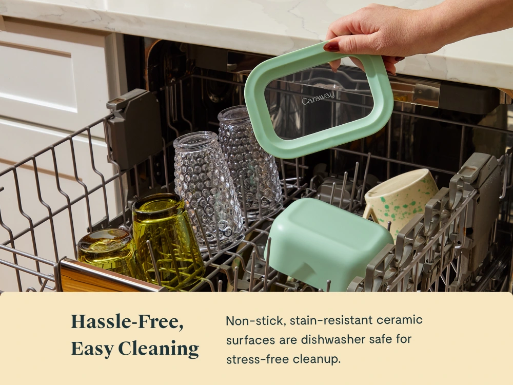 Caraway Mini Rectangle Container — 2.6 Cup Capacity, Ceramic-Coated Glass, Air Release Technology