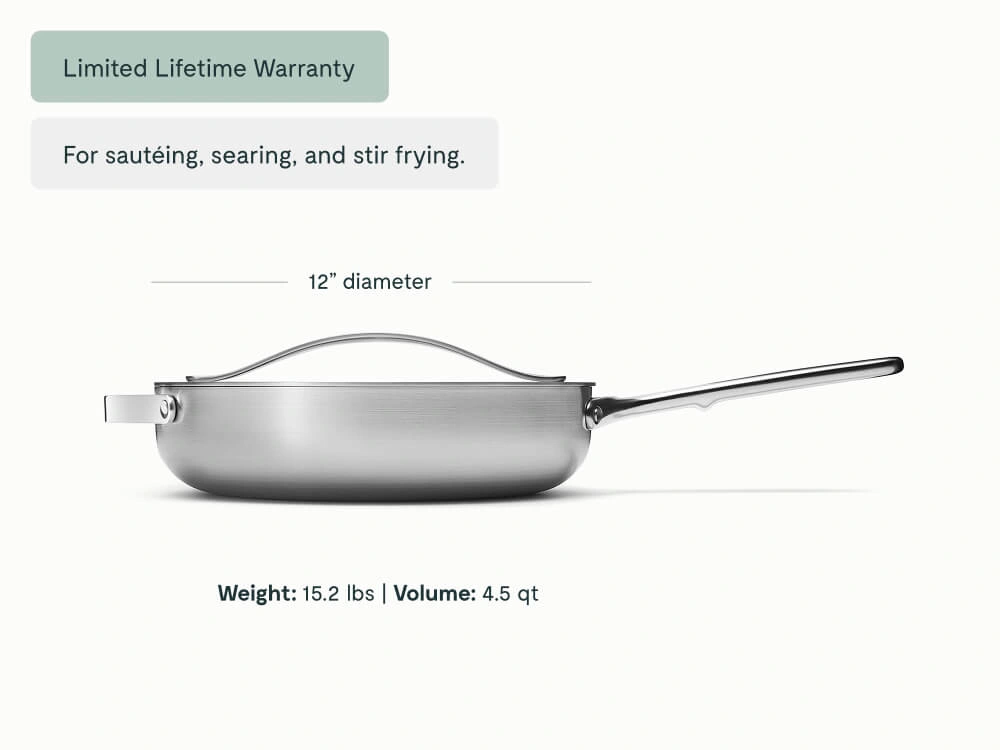 Caraway 4.5 Qt Stainless Steel Sauté Pan — 5-Ply Clad, Oven Safe to 550°F