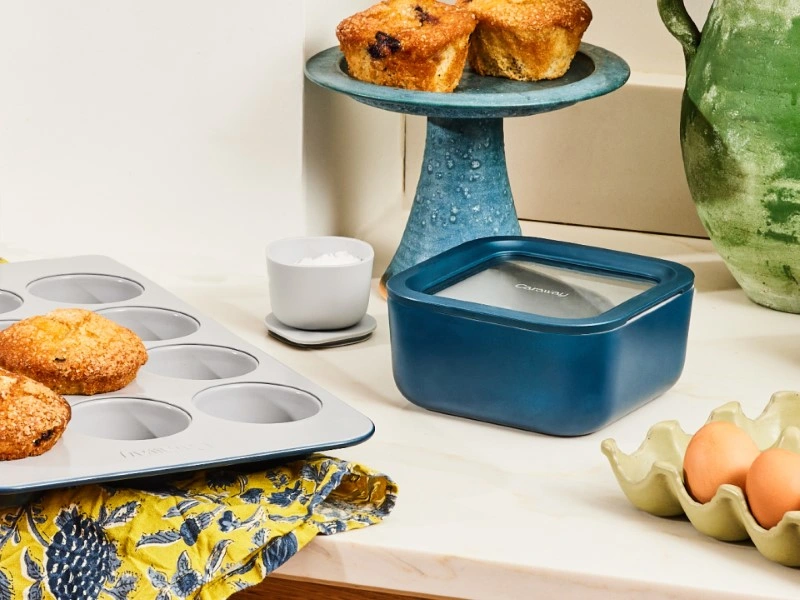 Caraway Small Ceramic-Coated Glass Food Storage Container with Air Release